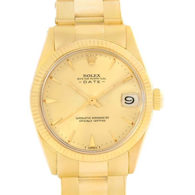 The image shows a front view of a Rolex Vintage Collection 6627 Yellow Gold Champagne Dial 6627 Yellow Gold Champagne Dial watch, displaying the dial, bezel, and part of the bracelet.