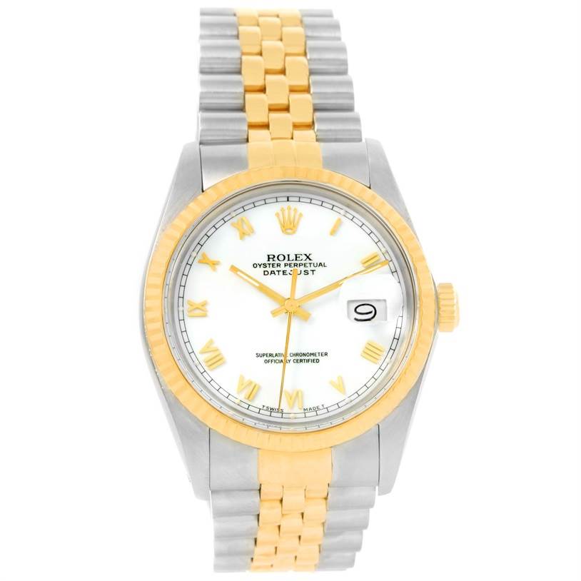 This is a front view of a Rolex Vintage Collection 16013 Men's Stainless Steel White Dial 16013 Men's Stainless Steel White Dial Oyster Perpetual Datejust watch, showing its bracelet, dial, and date function.