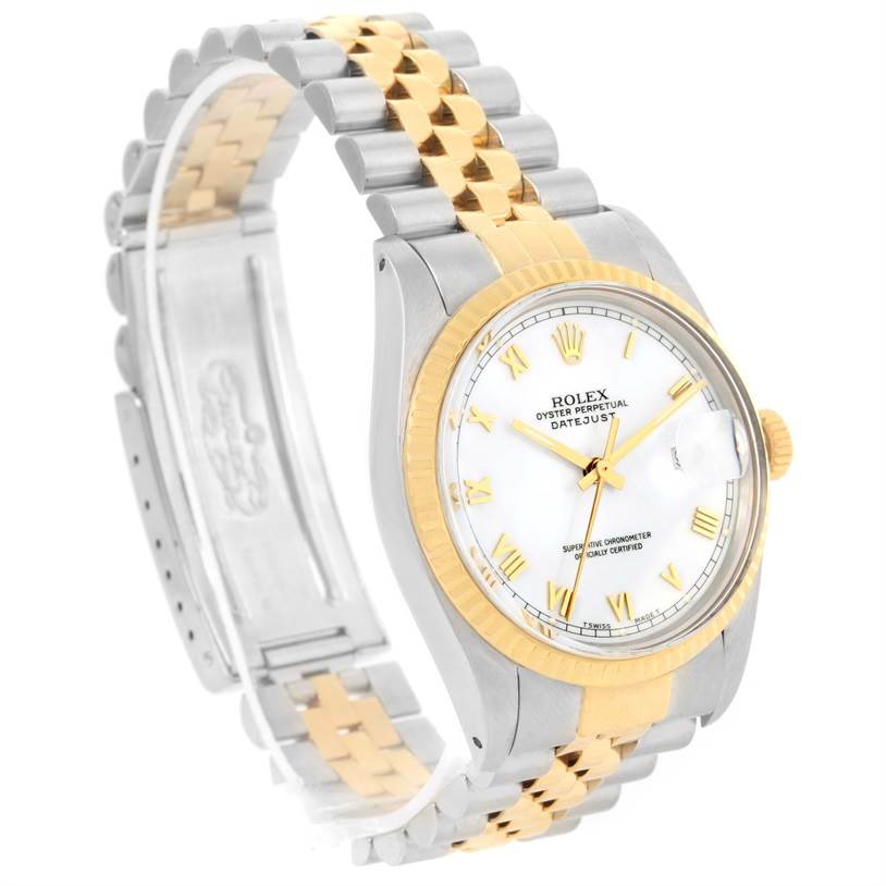 The image shows a Rolex Vintage Collection 16013 Men's Stainless Steel White Dial 16013 Men's Stainless Steel White Dial model from an angled side view, displaying the dial, bezel, crown, and two-tone bracelet.