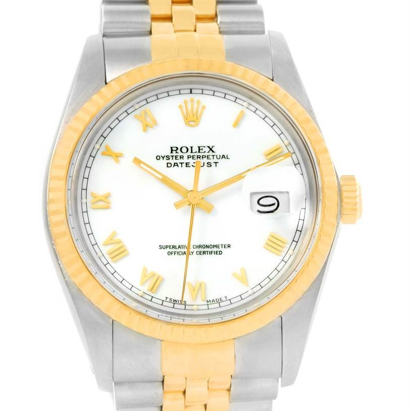 The watch face of the Rolex Vintage Collection 16013 Men's Stainless Steel White Dial 16013 Men's Stainless Steel White Dial model is shown, featuring dual-tone metal and a date display.