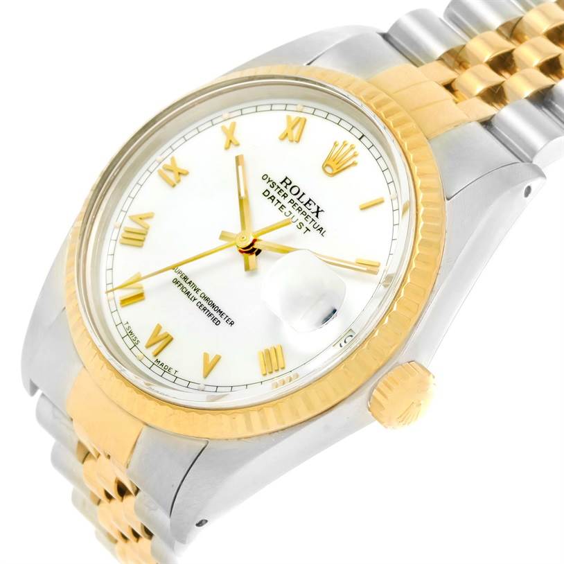 The image displays a diagonally angled close-up of the Rolex Vintage Collection 16013 Men's Stainless Steel White Dial 16013 Men's Stainless Steel White Dial watch, showcasing the dial, bezel, crown, and part of the bracelet.