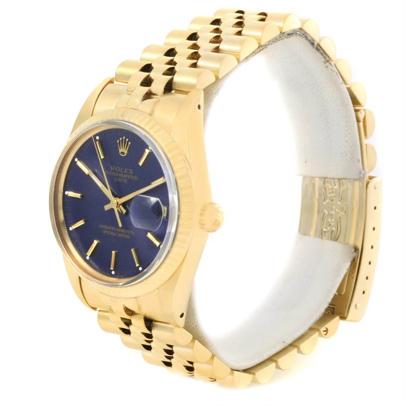 The image shows a Rolex Vintage Collection 15037 Men's Yellow Gold Blue Dial 15037 Men's Yellow Gold Blue Dial watch at a slightly angled side view, focusing on the blue face, gold case, and bracelet.