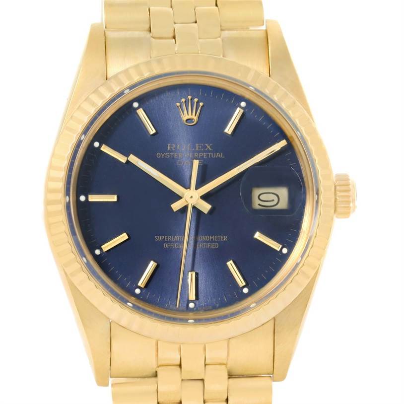 The image shows a front view of a Rolex Vintage Collection 15037 Men's Yellow Gold Blue Dial 15037 Men's Yellow Gold Blue Dial watch with a gold bracelet and blue dial.