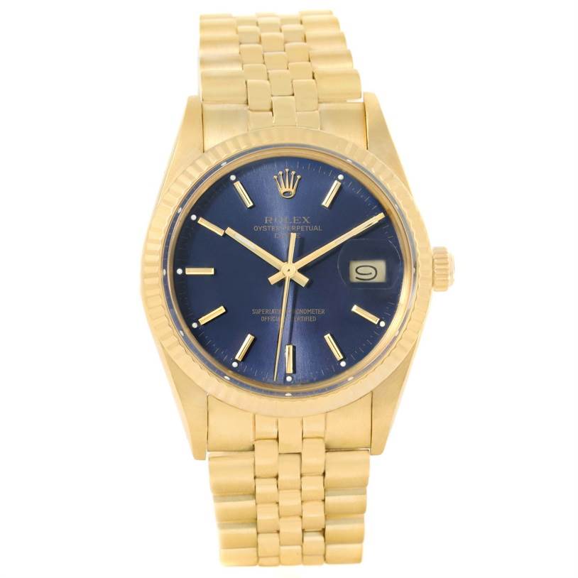 Rolex Date Mens 14k Yellow Gold Blue Dial Vintage Watch 15037 ...