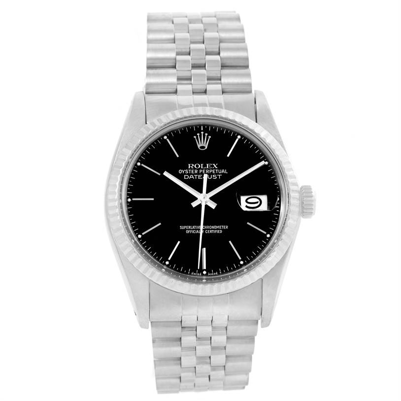 This image shows a front view of the Rolex Vintage Collection 16014 Men's Stainless Steel Black Dial 16014 Men's Stainless Steel Black Dial Oyster Perpetual Datejust watch, displaying its face, bezel, and bracelet.