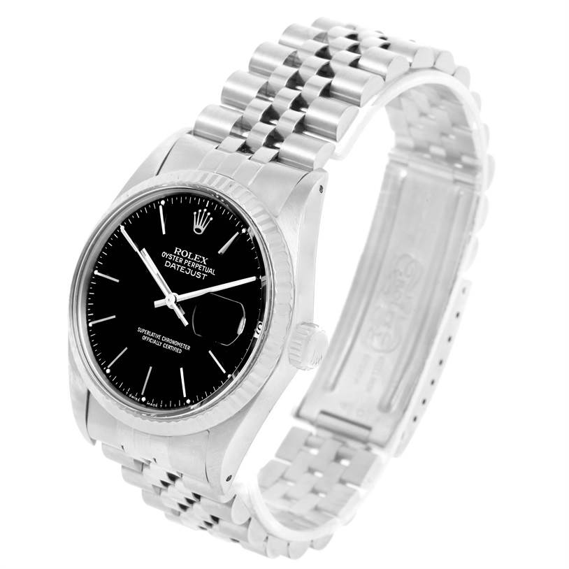 The watch is a Rolex Vintage Collection 16014 Men's Stainless Steel Black Dial 16014 Men's Stainless Steel Black Dial model, shown at a three-quarter view highlighting the black dial, case, and metal bracelet.