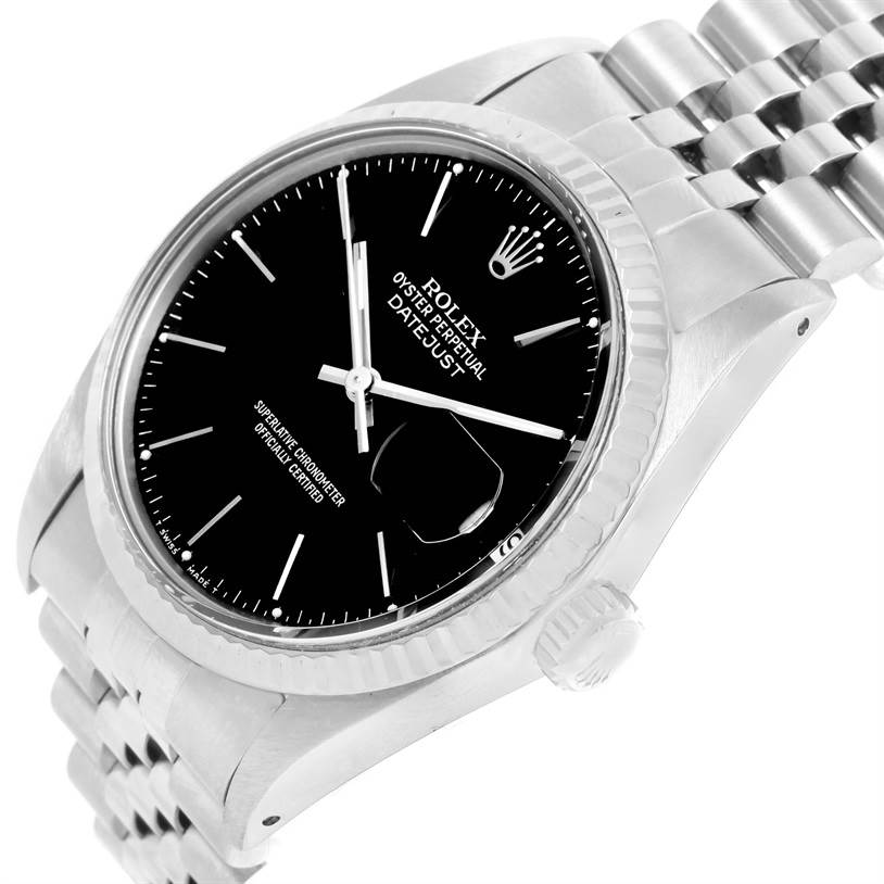 The Rolex Vintage Collection 16014 Men's Stainless Steel Black Dial 16014 Men's Stainless Steel Black Dial watch is shown at a slight angle, highlighting its face, bezel, crown, and part of its bracelet.