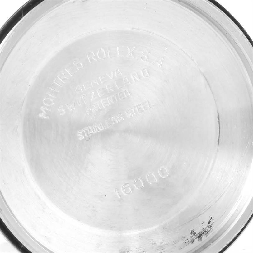 This image shows the back case of a Rolex Vintage Collection 16014 Men's Stainless Steel Black Dial 16014 Men's Stainless Steel Black Dial model, highlighting the internal engravings.
