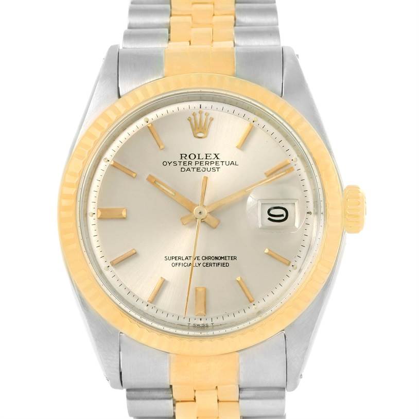 The image shows a front view of a Rolex Vintage Collection 1601 Men's Stainless Steel Silver Dial 1601 Men's Stainless Steel Silver Dial Oyster Perpetual Datejust watch, featuring its dial, bezel, and part of the bracelet.
