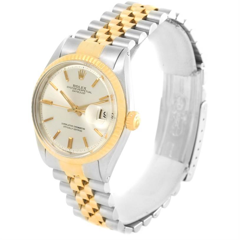 The image shows a Rolex Vintage Collection 1601 Men's Stainless Steel Silver Dial 1601 Men's Stainless Steel Silver Dial model watch from an angled view, displaying the dial, bezel, crown, and two-tone bracelet.