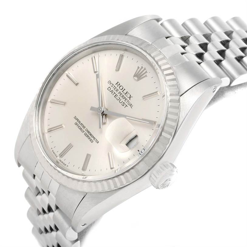 This image shows a side angle of the Rolex Vintage Collection 16014 Men's Stainless Steel Silver Dial 16014 Men's Stainless Steel Silver Dial model, highlighting the face, bezel, crown, and bracelet.