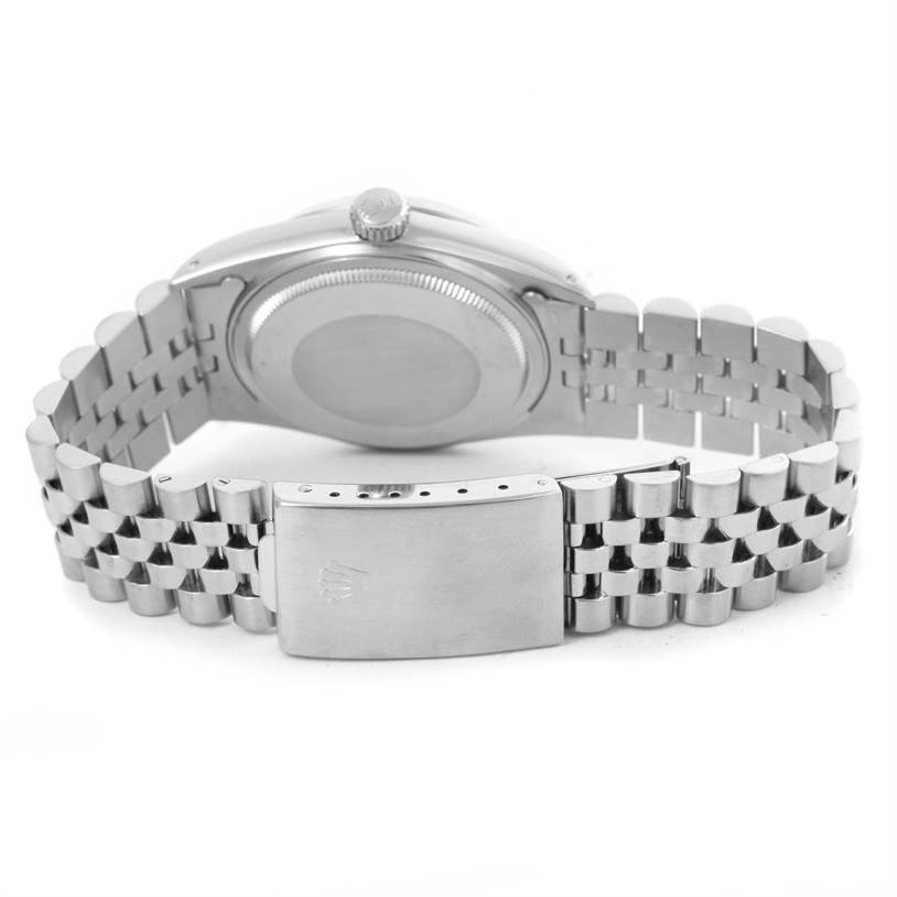 The image shows the back view of a Rolex Vintage Collection 16014 Men's Stainless Steel Silver Dial 16014 Men's Stainless Steel Silver Dial watch, focusing on the case back, crown, and bracelet clasp.