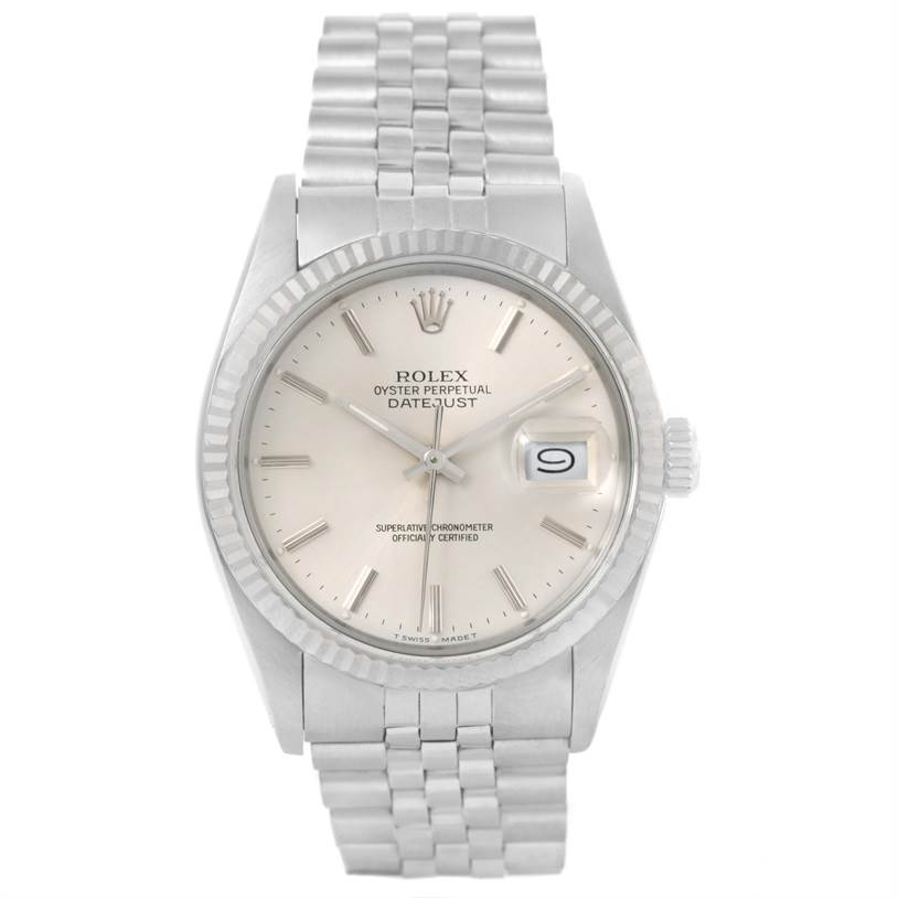 The image shows a frontal view of the Rolex Vintage Collection 16014 Men's Stainless Steel Silver Dial 16014 Men's Stainless Steel Silver Dial Oyster Perpetual Datejust watch, showcasing its dial, bezel, and bracelet.