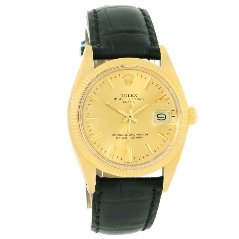 This is a front-facing view of a Rolex Vintage Collection 1503 Men's Yellow Gold Champagne Dial 1503 Men's Yellow Gold Champagne Dial watch, showing the dial, hands, crown, and leather strap.