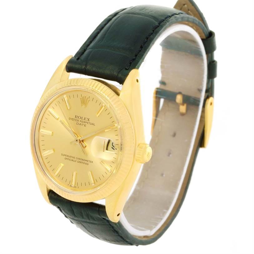 The image shows an angled view of the Rolex Vintage Collection 1503 Men's Yellow Gold Champagne Dial 1503 Men's Yellow Gold Champagne Dial watch, highlighting the gold face, bezel, and black leather strap.