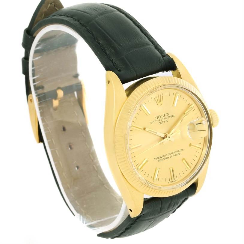 The image shows a side view of the Rolex Vintage Collection 1503 Men's Yellow Gold Champagne Dial 1503 Men's Yellow Gold Champagne Dial model, highlighting the watch face, bezel, and leather strap.