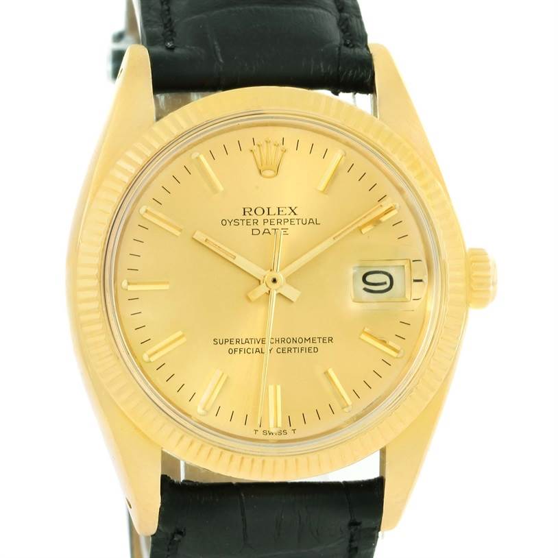 The Rolex Vintage Collection 1503 Men's Yellow Gold Champagne Dial 1503 Men's Yellow Gold Champagne Dial model is shown from the front, displaying the dial, hands, date window, and part of the black leather strap.