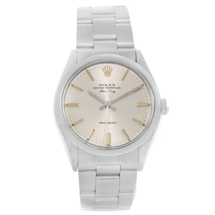 The image shows a front view of the Rolex Vintage Collection 5500 Men's Stainless Steel Silver Dial 5500 Men's Stainless Steel Silver Dial Oyster Perpetual Air-King watch displaying its face and bracelet.