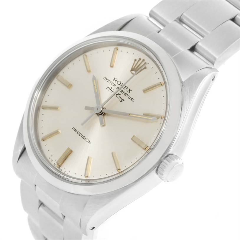 The image shows a close-up, angled view of the Rolex Oyster Perpetual Air-King Vintage Collection watch, highlighting the dial, case, and part of the bracelet.