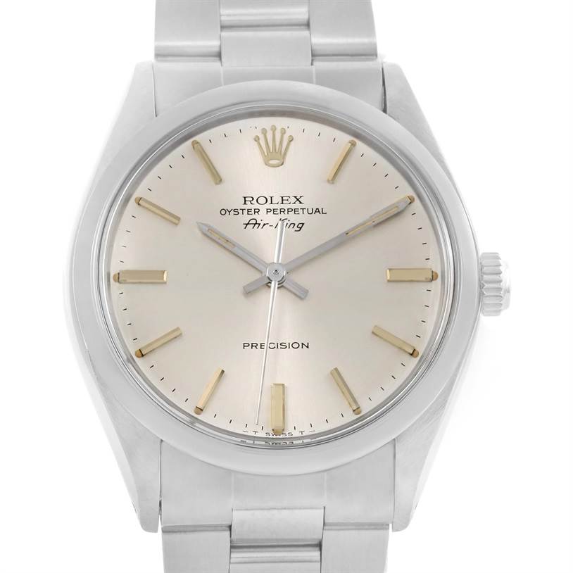The image shows a front view of the Rolex Vintage Collection 5500 Men's Stainless Steel Silver Dial 5500 Men's Stainless Steel Silver Dial Oyster Perpetual Air-King watch, highlighting the dial, hands, and bracelet.