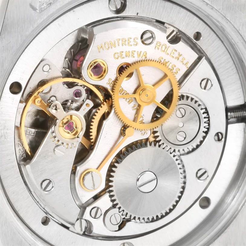 This image shows a detailed close-up of the movement mechanism of the Vintage Collection model by Rolex.