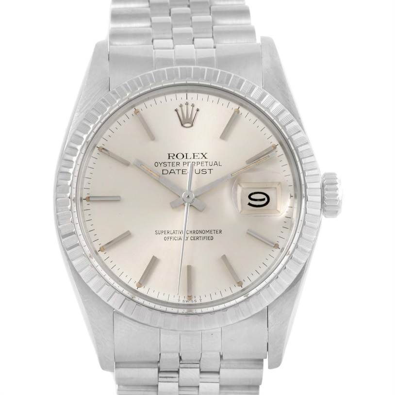 The image shows a close-up front view of a Rolex Vintage Collection 16030 Men's Stainless Steel Silver Dial 16030 Men's Stainless Steel Silver Dial Oyster Perpetual Datejust watch, highlighting the face and bracelet.