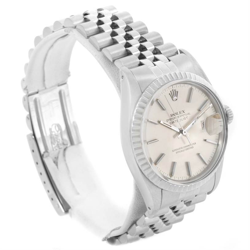 This image shows a side angle view of the Rolex Vintage Collection 16030 Men's Stainless Steel Silver Dial 16030 Men's Stainless Steel Silver Dial watch featuring its dial, bracelet, and clasp.