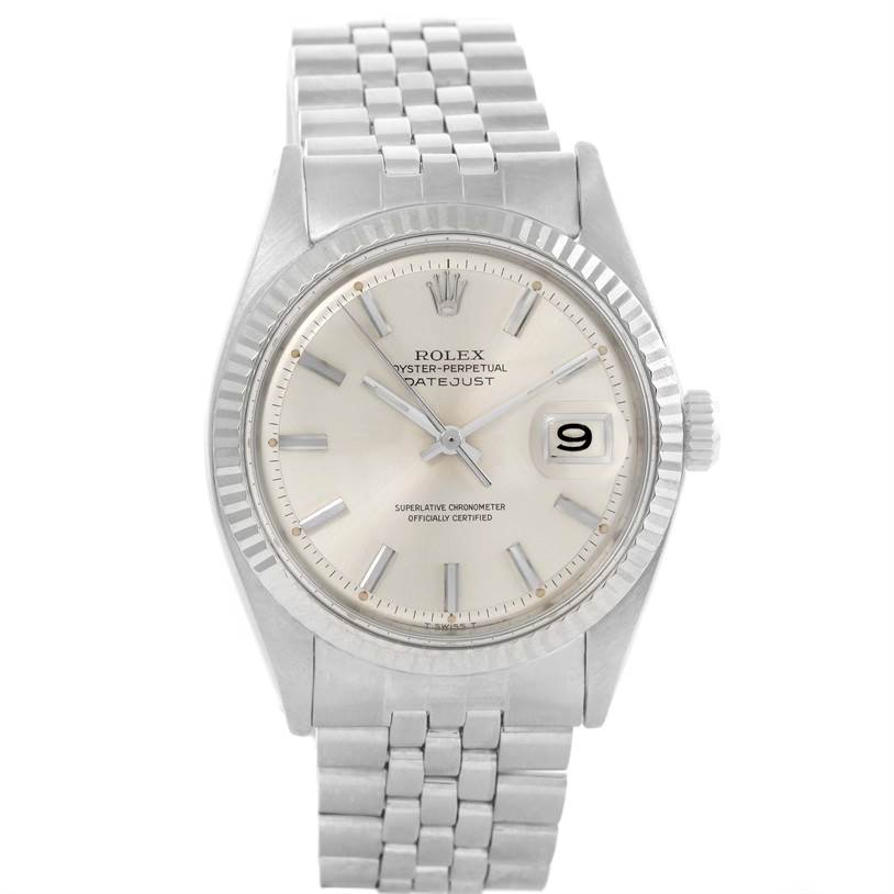 The image shows a front view of the Rolex Vintage Collection 1601 Men's Stainless Steel Silver Dial 1601 Men's Stainless Steel Silver Dial Datejust watch, displaying the face, bezel, and band.