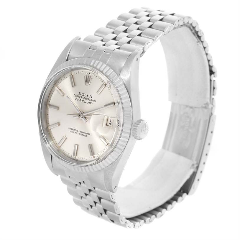 The image shows a side angle view of the Rolex Vintage Collection 1601 Men's Stainless Steel Silver Dial 1601 Men's Stainless Steel Silver Dial model watch, highlighting its dial, bezel, and bracelet.