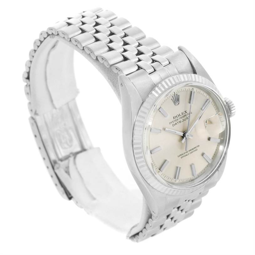 The image shows a Rolex Vintage Collection 1601 Men's Stainless Steel Silver Dial 1601 Men's Stainless Steel Silver Dial Oyster Perpetual Datejust watch, angled to display its dial, bezel, and bracelet clearly.