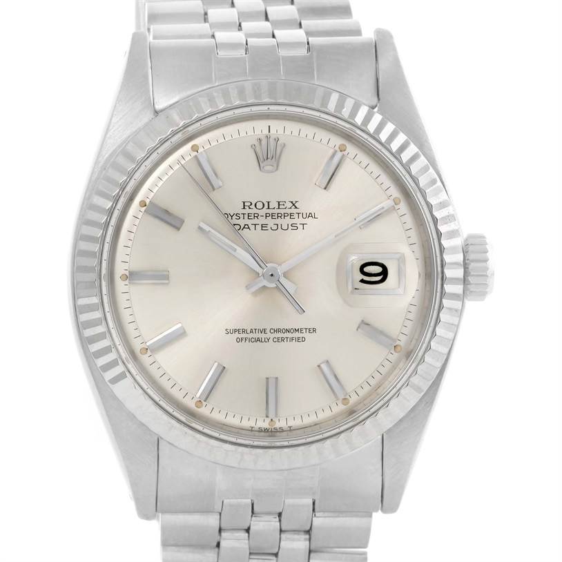 This Rolex Vintage Collection 1601 Men's Stainless Steel Silver Dial 1601 Men's Stainless Steel Silver Dial Datejust watch is shown from the front, featuring its dial, date window, bezel, and bracelet.