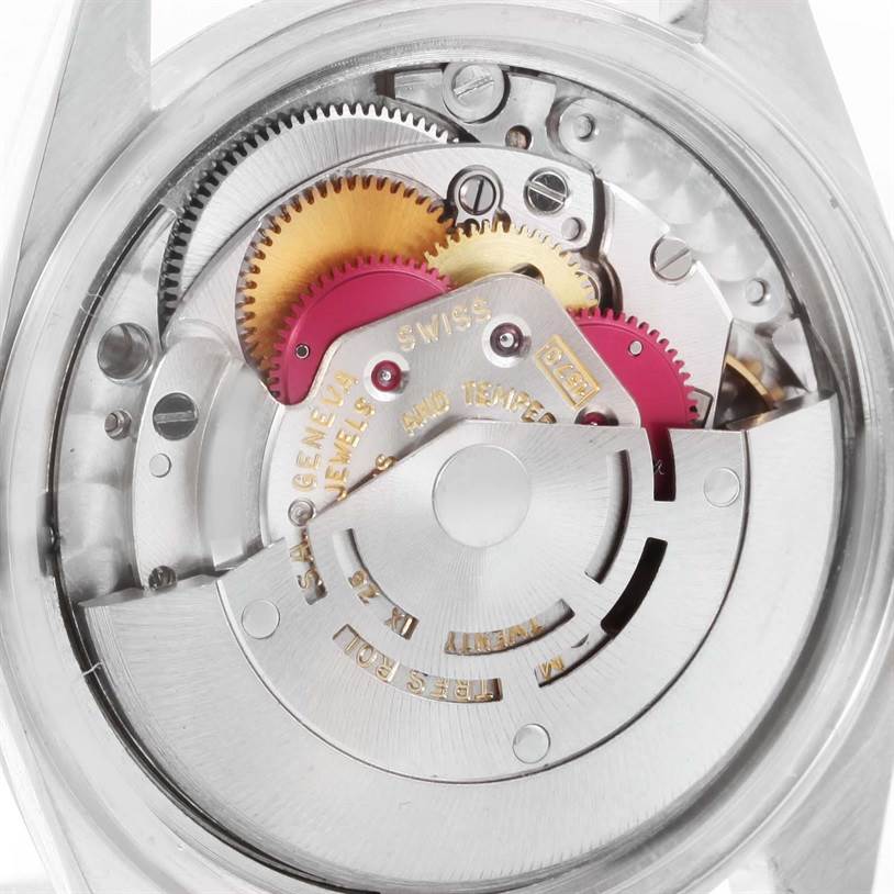 This is an open-back view showing the internal movement components of a Rolex Vintage Collection 1601 Men's Stainless Steel Silver Dial 1601 Men's Stainless Steel Silver Dial watch.