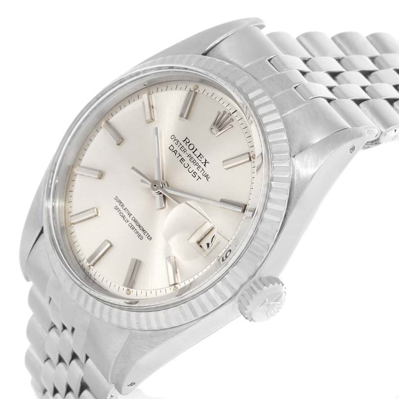 The image shows a close-up, angled view of the Rolex Vintage Collection 1601 Men's Stainless Steel Silver Dial 1601 Men's Stainless Steel Silver Dial watch face, bezel, crown, and bracelet.