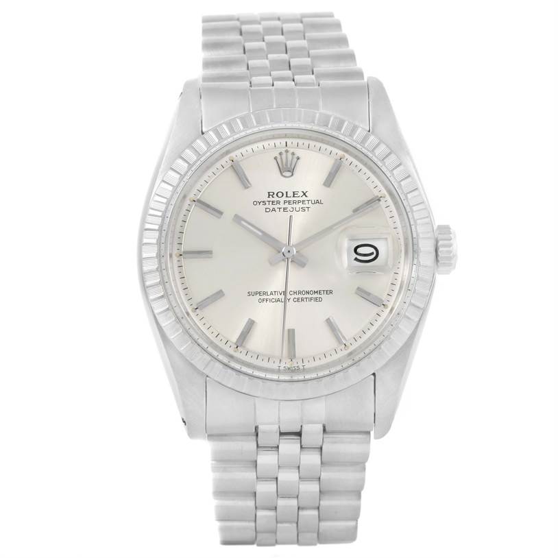 The image shows a front view of the Rolex Vintage Collection 1603 Men's Stainless Steel Silver Dial 1603 Men's Stainless Steel Silver Dial Oyster Perpetual Datejust watch, detailing its face, hands, date window, bezel, and bracelet.
