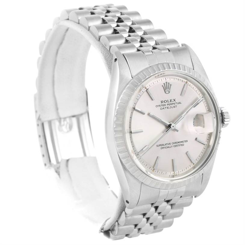 This is a three-quarter view of the Rolex Vintage Collection 1603 Men's Stainless Steel Silver Dial 1603 Men's Stainless Steel Silver Dial Datejust watch, showing the face, bezel, and metal bracelet.