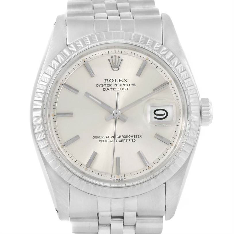 This image shows a frontal view of a Rolex Vintage Collection 1603 Men's Stainless Steel Silver Dial 1603 Men's Stainless Steel Silver Dial Oyster Perpetual Datejust watch, highlighting its dial, bezel, and bracelet.