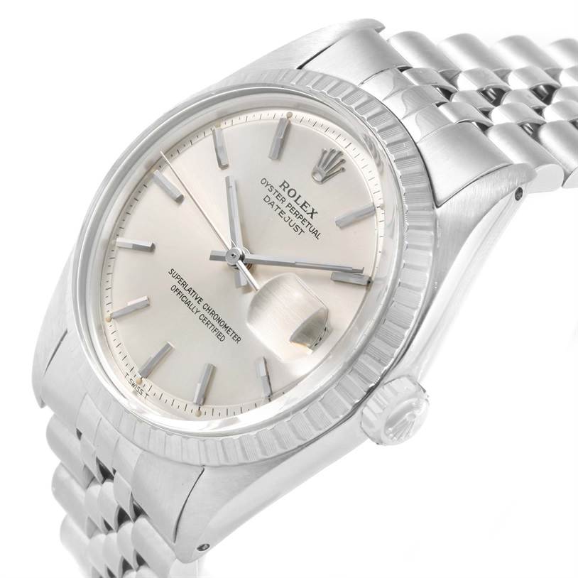 This Rolex Vintage Collection 1603 Men's Stainless Steel Silver Dial 1603 Men's Stainless Steel Silver Dial watch is shown at a slight angle, highlighting the face, bezel, crown, and part of the bracelet.