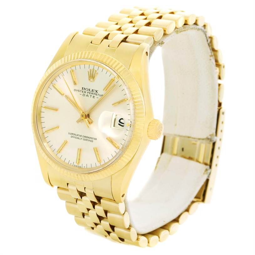 The Rolex Vintage Collection 1503 Men's Yellow Gold Silver Dial 1503 Men's Yellow Gold Silver Dial model watch is shown at a slight angle, displaying its face, bracelet, and clasp.