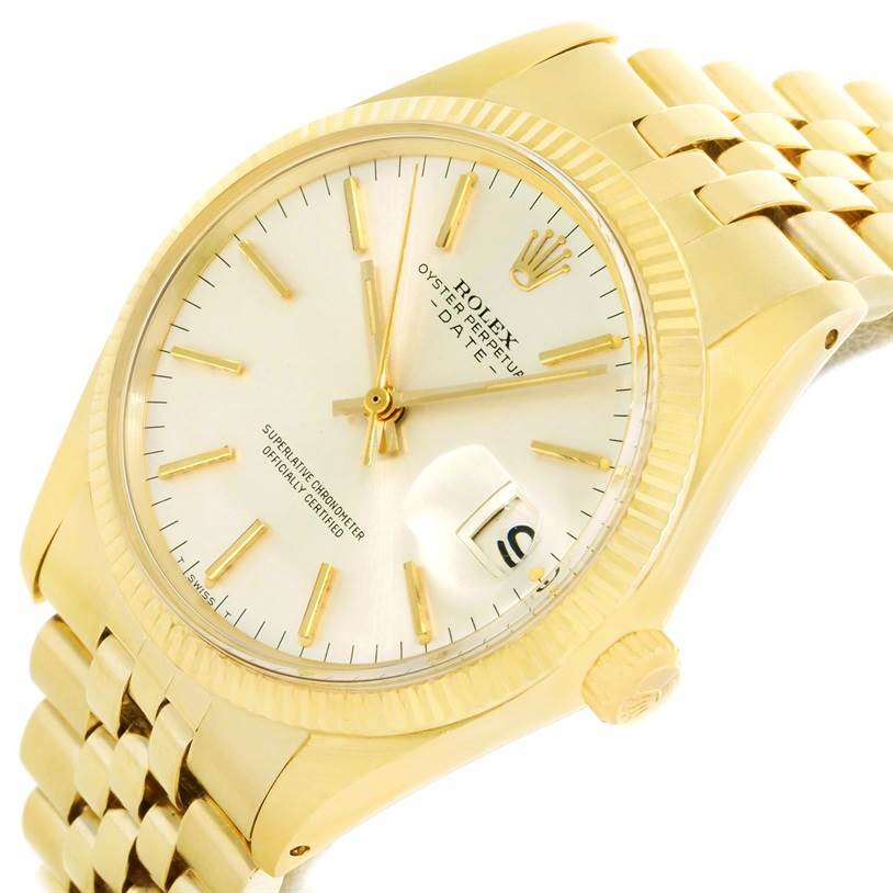 The image shows a close-up of the face, bezel, crown, and part of the bracelet of a Rolex Vintage Collection 1503 Men's Yellow Gold Silver Dial 1503 Men's Yellow Gold Silver Dial watch, angled slightly to the right.