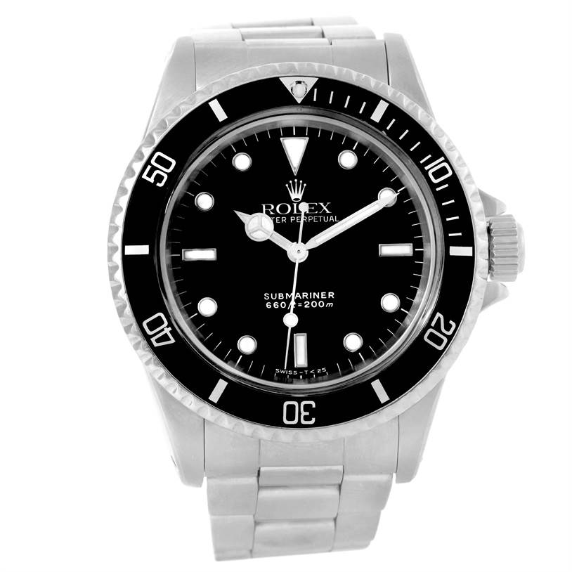 This is a front view of a Rolex Vintage Collection 5513 Men's Stainless Steel Black Dial 5513 Men's Stainless Steel Black Dial Submariner watch, showing the watch face, bezel, and bracelet.