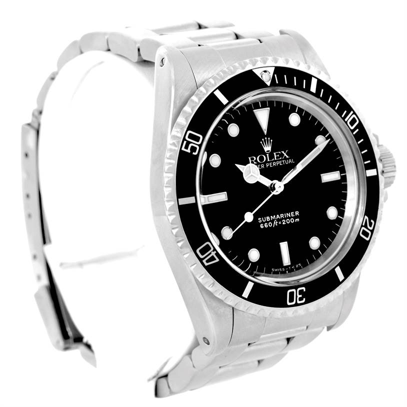 The image shows a close-up side angle of a Rolex Vintage Collection 5513 Men's Stainless Steel Black Dial 5513 Men's Stainless Steel Black Dial Submariner watch, highlighting its bezel, dial, and bracelet.