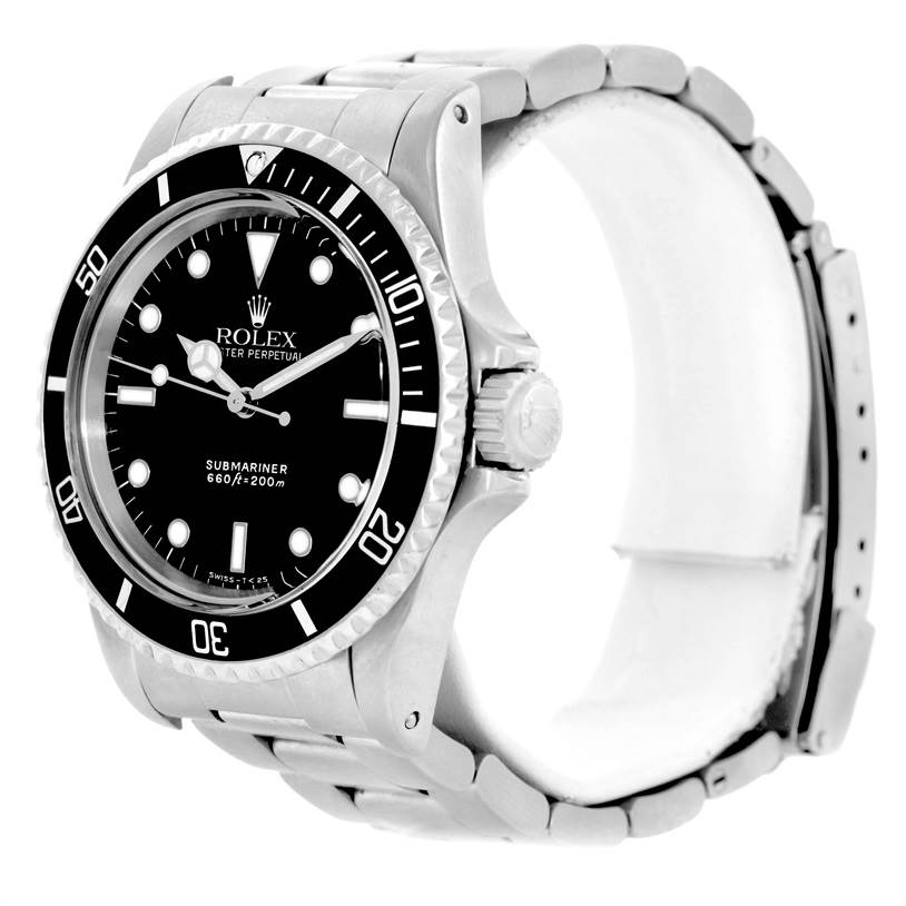 The Rolex Vintage Collection 5513 Men's Stainless Steel Black Dial 5513 Men's Stainless Steel Black Dial Submariner watch is shown from an angled front view, displaying the dial, bezel, and bracelet.