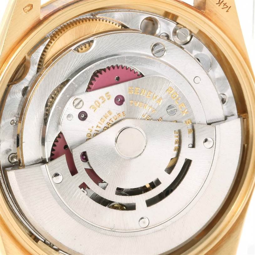 The image shows the internal movement of a Rolex Vintage Collection 15037 Men's Yellow Gold Silver Dial 15037 Men's Yellow Gold Silver Dial watch from a close-up angle.