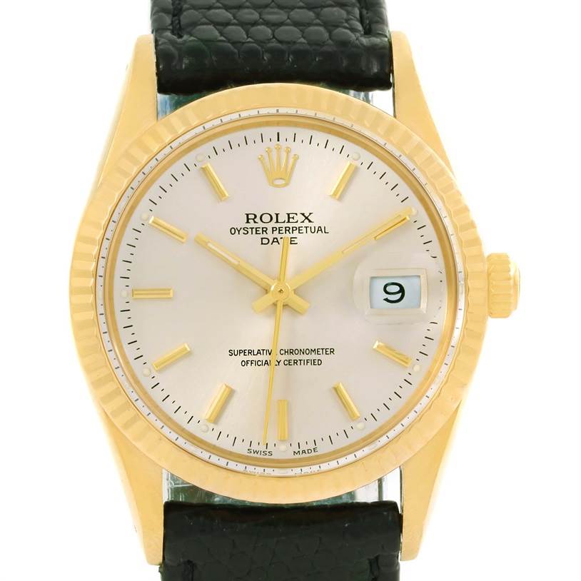 The image shows the front view of a Rolex Vintage Collection 15037 Men's Yellow Gold Silver Dial 15037 Men's Yellow Gold Silver Dial model with a gold case, white dial, date window, and black leather strap.