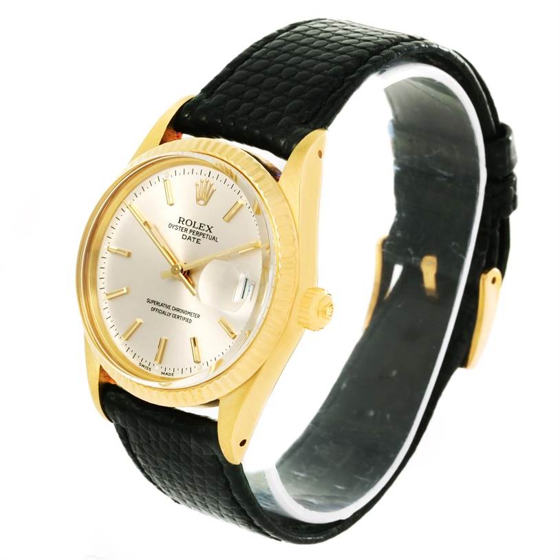The image shows a Rolex Vintage Collection 15037 Men's Yellow Gold Silver Dial 15037 Men's Yellow Gold Silver Dial watch from an angled front view displaying the face, crown, and part of the leather strap.