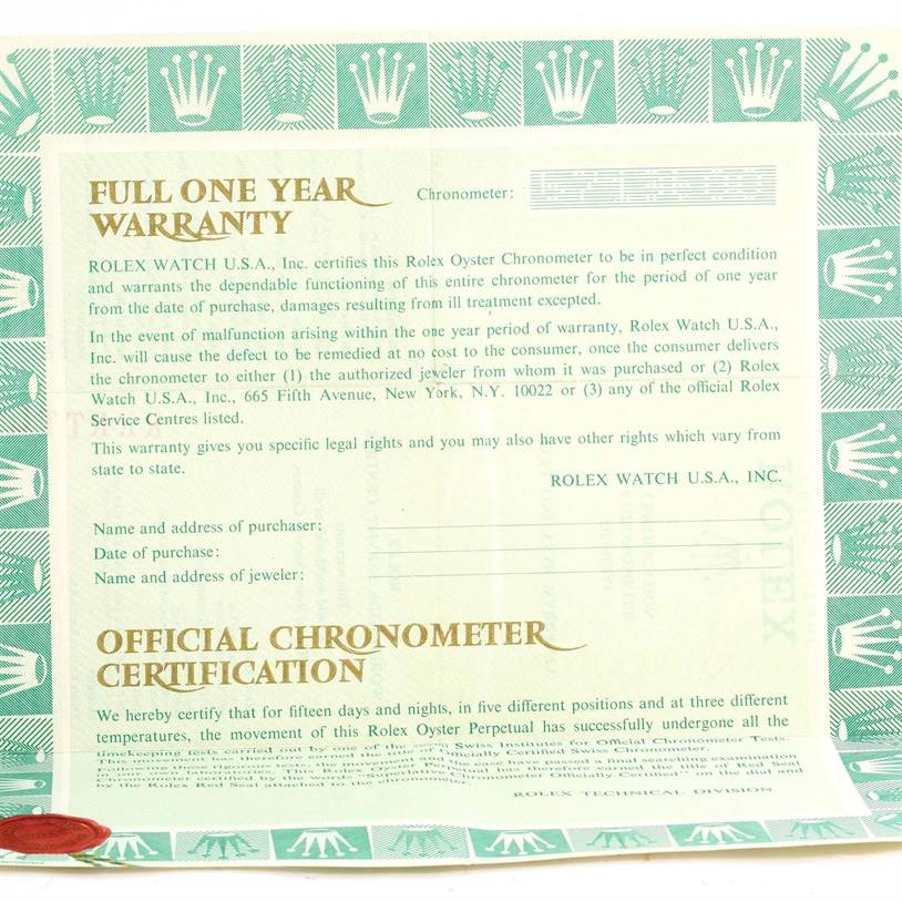 This image shows the front of the official warranty and chronometer certification document for a Rolex Vintage Collection 15037 Men's Yellow Gold Silver Dial 15037 Men's Yellow Gold Silver Dial watch.