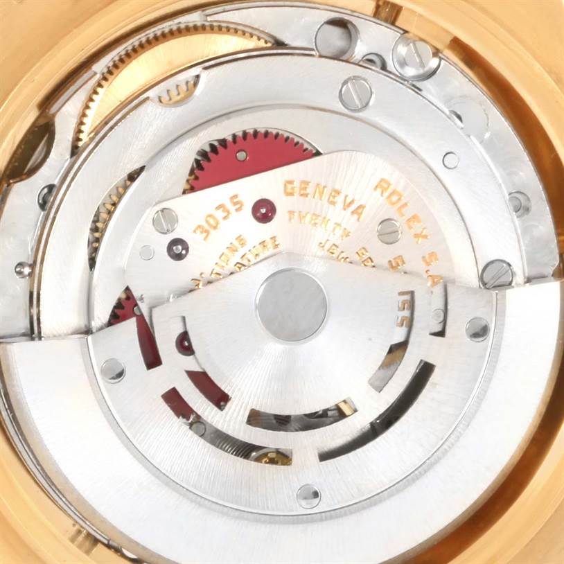 The image shows the movement mechanism of a Rolex Vintage Collection 16018 Men's Yellow Gold Champagne Dial 16018 Men's Yellow Gold Champagne Dial 3035 model, viewed from a top-down angle.