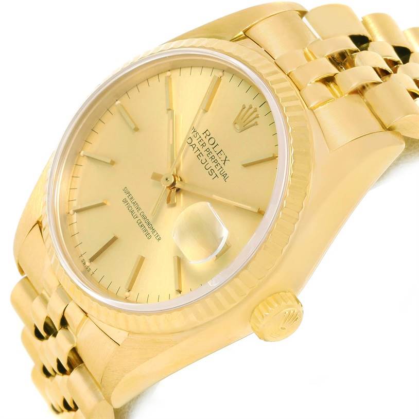 The Rolex Vintage Collection 16018 Men's Yellow Gold Champagne Dial 16018 Men's Yellow Gold Champagne Dial model is shown at an angle highlighting the gold case, bracelet, dial, crown, and date magnifier.