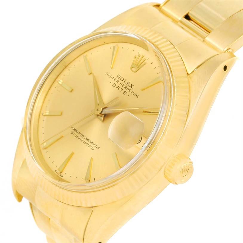 This image shows a Rolex Vintage Collection 1503 Men's Yellow Gold Champagne Dial 1503 Men's Yellow Gold Champagne Dial Oyster Perpetual Date model from a slight side angle, highlighting the face, crown, and part of the bracelet.
