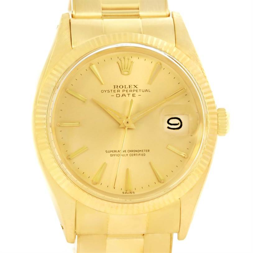 The image shows a front-facing view of the Rolex Vintage Collection 1503 Men's Yellow Gold Champagne Dial 1503 Men's Yellow Gold Champagne Dial Oyster Perpetual Date watch, highlighting its dial, bezel, and bracelet.